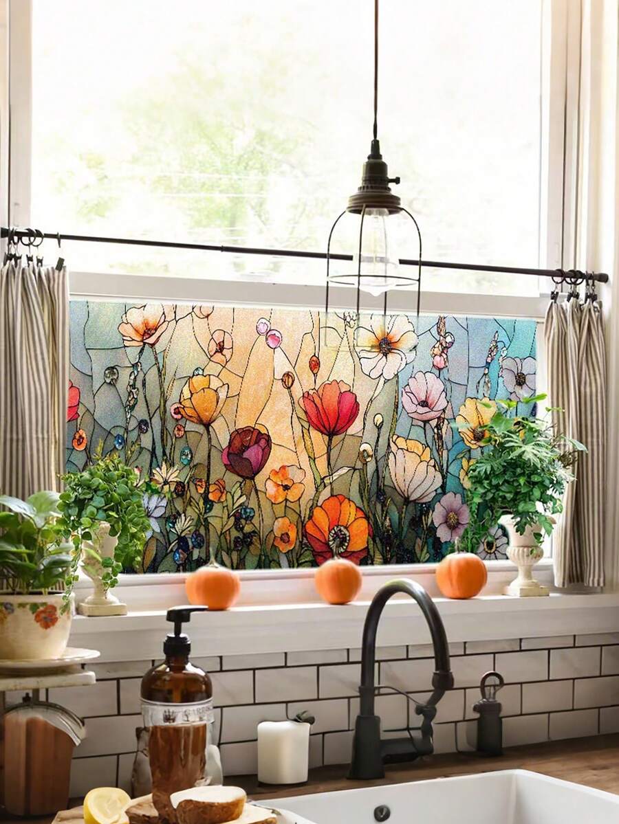 1pc Newly Designed Coloured Glass Window Film, Featuring A Floral Painting Style, With Static-Adhesive PVC Removable Privacy Window Film Decoration. This Opaque, Heat-Insulating, UV-Resistant, Adhesive-Free Window Film Is Suitable For Use In Homes, Bedrooms, Living Rooms, Kitchens, Car Sunroofs, Sunshade Decorations, And Personalized Wall Decals. Wall Stickers Wall Sticker Stickers Home Decor Room Decor