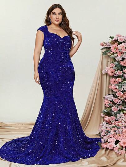 Faeriesty Elegante vestido de noche formal para mujer de talla grande - Escote en forma de corazón, mangas cortas y silueta de sirena ajustada, adornos de lentejuelas brillantes, que muestran un encanto cautivador. Perfecto para grandes galas, recepciones de bodas, bailes benéficos, ceremonias de premios y lujosas veladas.