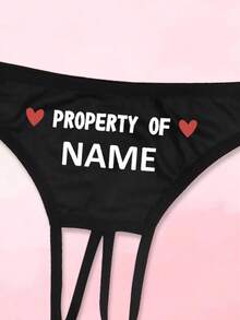 Women's Sexy Customized Name Text Love Heart Letter Print Open Crotch Thong Panties, Personalized Intimate Gift For Wife