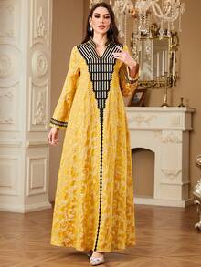 Women's Middle Eastern Ramadan Ramadan Embroidered Patchwork Long Sleeve Dress, Elegant Abaya For Formal Occasions, Autumn/Winter