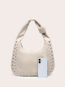 Women's Crescent-Shaped Shoulder Bag, PU Material, Large Capacity, Rivet Decor, Vintage Style, Suitable For Commuting And Outings - Apricot - View 2