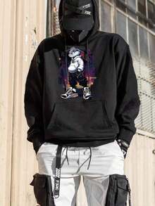 Sudadera con capucha térmica forrada con estampado de "Cool Rabbit" para hombres con cordón ajustable - Blanco - Ver 2