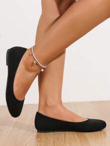 1 Pair Women's Faux Suede Microfiber Ballet Flats - Multi - Color Slip - On Round Toe Flats For Casual Daily Wear, Office & Weekend Outings - Black - View 2