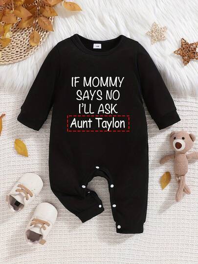 Customized Name Printed Unisex Infant Romper, Round Neck Long Sleeve Casual Jumpsuit For Baby Boys And Girls - Suitable For Outdoor Wear - Black