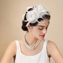 Fascinators Hats Women,Tea Party Fascinator Hair Clip With Feathers Wedding,Derby Hats Headbands - 白色 - 查看 3