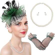 Ibeauti Fascinator Hats With Screentouch Lace Gloves Set Women Tea Party Cocktail Wedding Derby Headwear Short Gloves - 02 黑色/綠色 - 查看 1