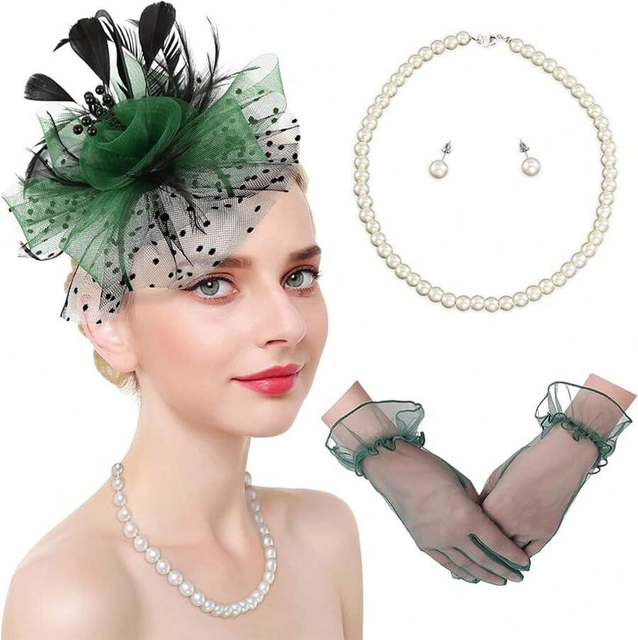 Ibeauti Fascinator Hats With Screentouch Lace Gloves Set Women Tea Party Cocktail Wedding Derby Headwear Short Gloves - 02 黑色/綠色 - 查看 1
