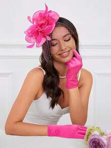 Ibeauti Fascinator Hats With Screentouch Lace Gloves Set Women Tea Party Cocktail Wedding Derby Headwear Short Gloves - 04 Hot Pink 01 - 查看 3