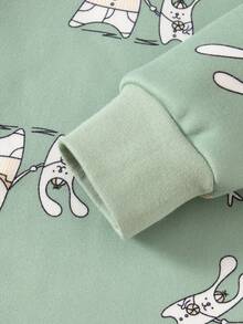 Girls' Thick Fleece Cartoon Rabbit Print Pajama Set, Long Sleeve Top And Pants, Warm Sleepwear For Autumn/Winter - Mint Green - View 5