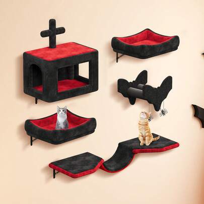 BALCONERA 5 Pcs Gothic Flannel Cat Climbing Wall Set – Sturdy Cat Furniture With House, Bed, Hammock, Sisal Column & Spider Decor | For Cats To Sleep, Play & Lounge