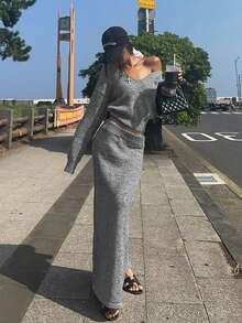 Damen Einfarbiges figurbetontes Crop Top mit V-Ausschnitt + lange Maxi Rock gestricktes Zweiteiler Kleid Set