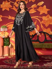 女士圆领优雅刺绣串珠花卉贴花连衣裙，优雅的阿拉伯风格 - 黑色 - 查看 6
