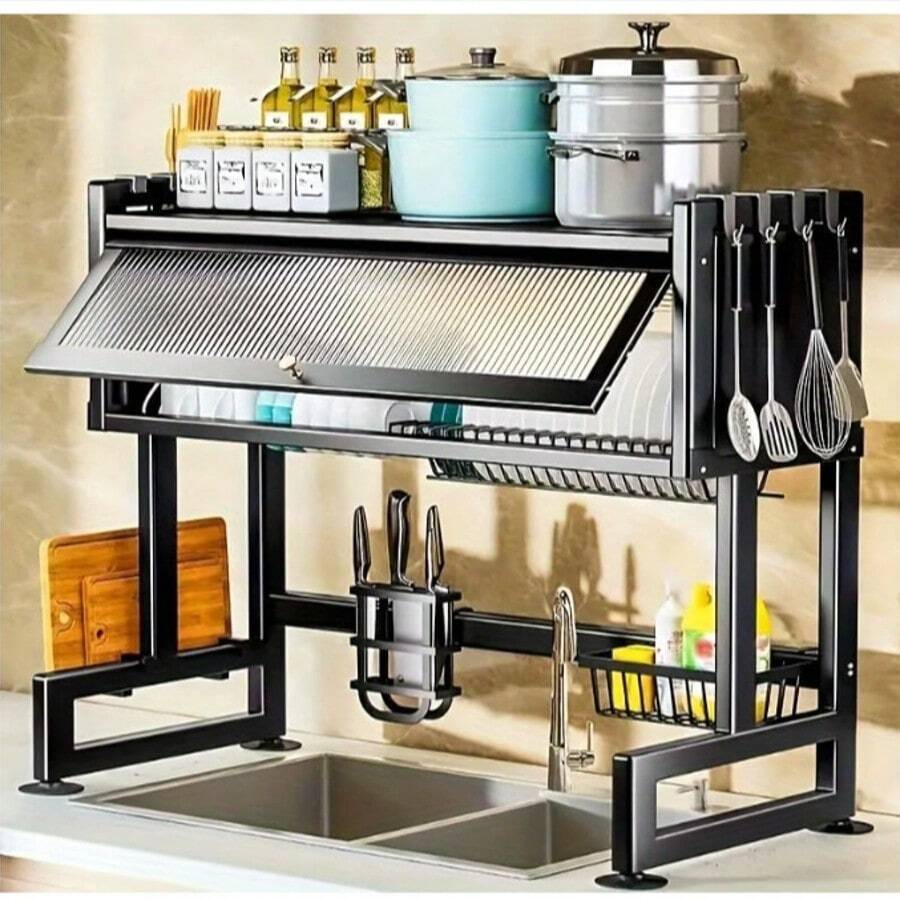 Dish Drainer, 3-Tier Stainless Steel Dish Drainer With Drip Tray, Dish Drainer With Cup Holder, Dish Dryer For Kitchen Counter - Đen-75*30*78cm - Xem 1