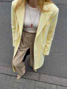 Abrigo largo recto de mujer de color amarillo mostaza sólido, versátil para uso diario, ir a la oficina y varias ocasiones, otoño/invierno - Amarillo - Ver 3
