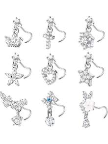9 PCS Dangle Nose Rings - L Shaped For Women, 20G Stainless Steel Nose Rings Studs With CZ Cross, Crown, Flower, Heart Dangling Piercing Jewelry - Multicolor - View 1
