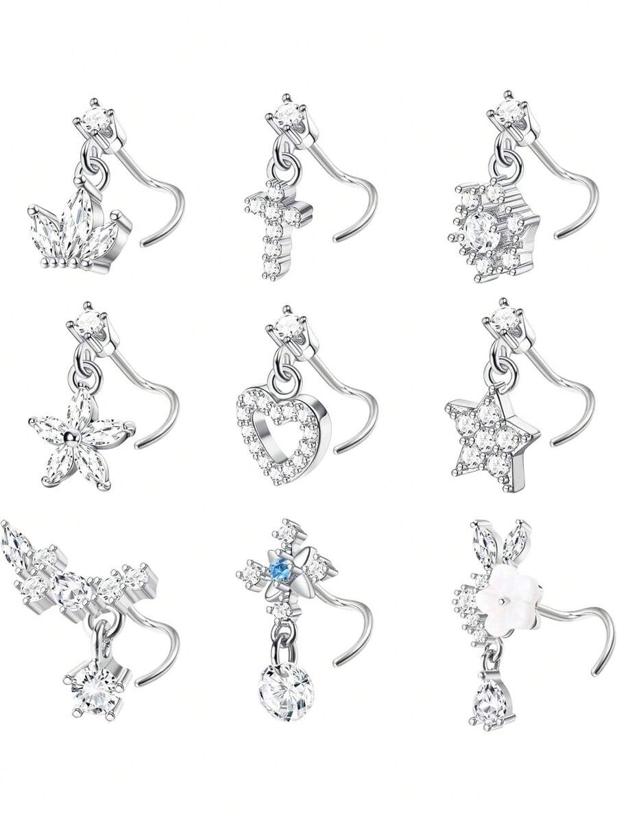 9 PCS Dangle Nose Rings - L Shaped For Women, 20G Stainless Steel Nose Rings Studs With CZ Cross, Crown, Flower, Heart Dangling Piercing Jewelry - Multicolor - View 1