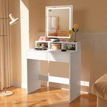 OYAJIA White Modern LED Vanity Table With LED Dimmable Mirror | Large Rectangular Mirror Dressing Table With Soft Lighting, 2 Spacious Drawers & 3 Open Compartments | UK Home Decor, Makeup Organizer, Bedroom Furniture - White - View 9