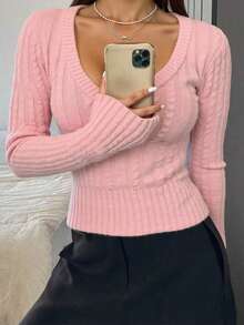 Fashionable & Elegant Women's V-Neck Long Sleeve Fitted Sweater With Cable Pattern