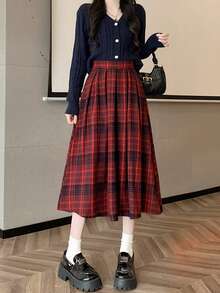 Plaid Casual Pleated High Waist Women's Skirt, Suitable For Daily Life, Photography, All Seasons - Red - View 1