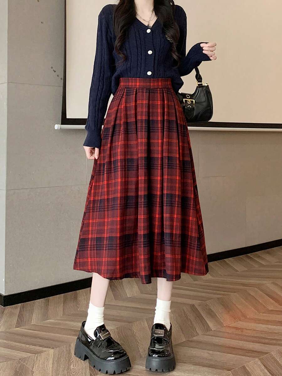 Plaid Casual Pleated High Waist Women's Skirt, Suitable For Daily Life, Photography, All Seasons - Red - View 1
