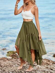 Womens Summer Boho Maxi Skirt Casual Asymmetric High-Low Hem Flowy Bohemia Long Skirt - 軍綠色 - 查看 2
