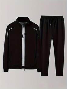 2PCS Men's Casual Sports Exercise Set, Comfortable And Breathable Casual Sports Stand-Up Collar Sweatshirt And Sports Jogging Pants, Fitness Exercises, Running Exercises, Golf, Tennis, Cycling, Gifts, Festivals, Leisure Weekends - màu đen - Xem 1