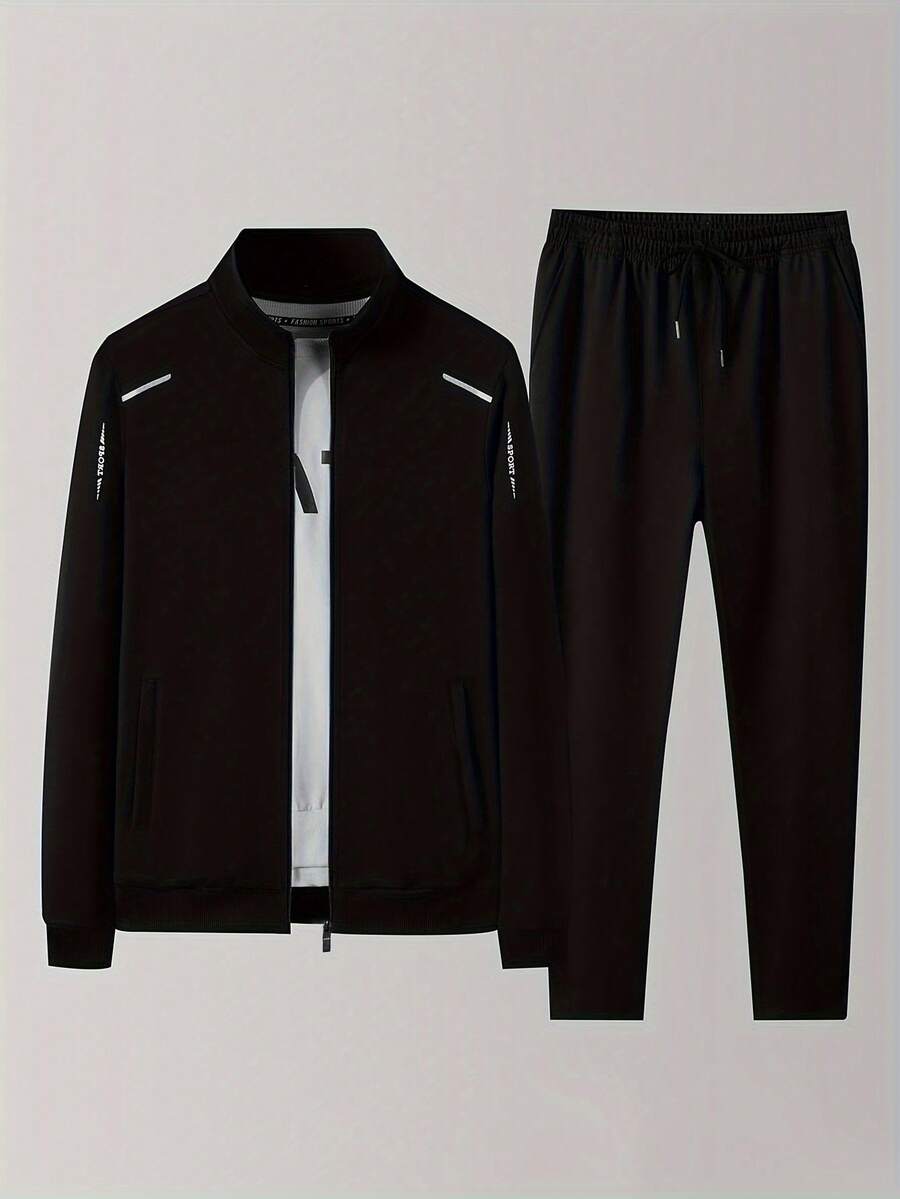 2PCS Men's Casual Sports Exercise Set, Comfortable And Breathable Casual Sports Stand-Up Collar Sweatshirt And Sports Jogging Pants, Fitness Exercises, Running Exercises, Golf, Tennis, Cycling, Gifts, Festivals, Leisure Weekends - màu đen - Xem 1