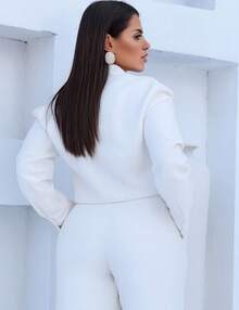 Women's Tailored Set, Wide Leg Pants With Pockets, Long Sleeve Shirt With Buttons, Solid Color, Elegant, Autumn/Summer, Versatile - 白色 - 查看 3