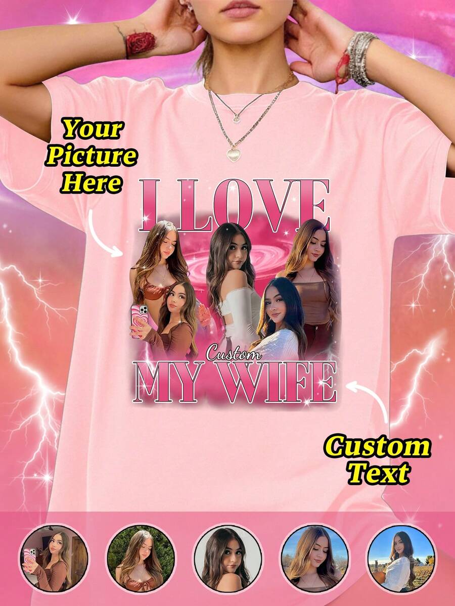 Customized Photo T-Shirt - Add Your Favorite Photo And Text (Girlfriend Photo/Couple Photo/Family Photo/Selfie/Pet Photo/Friend Photo) - Dusty Pink - View 1