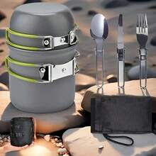 TAIMASI Deluxe Camping Cookware Kit - 15-Piece Stainless Steel Utensil Set With Forks, Knives & Spoons | Compact For Outdoor Adventures - Seasonal Essential For: • Labor Day Camping Trips • Thanksgiving RV Meals • Christmas Gift For Adventurers • New Year's Travel Resolutions - 綠色 - 查看 10