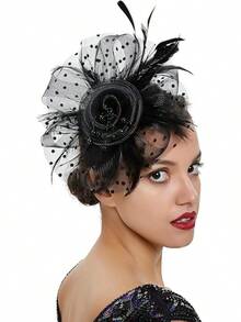 Ibeauti Fascinator Hats With Screentouch Lace Gloves Set Women Tea Party Cocktail Wedding Derby Headwear Short Gloves - 02 Black - 查看 2