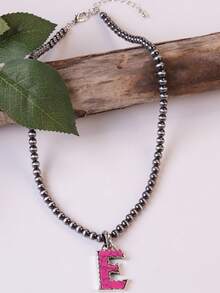 1pc Western Country Style Vintage Textured CCB Multicolor Leopard Print Black & White Plaid 26 Letter Minimalist Pendant Necklace, Sweater Chain