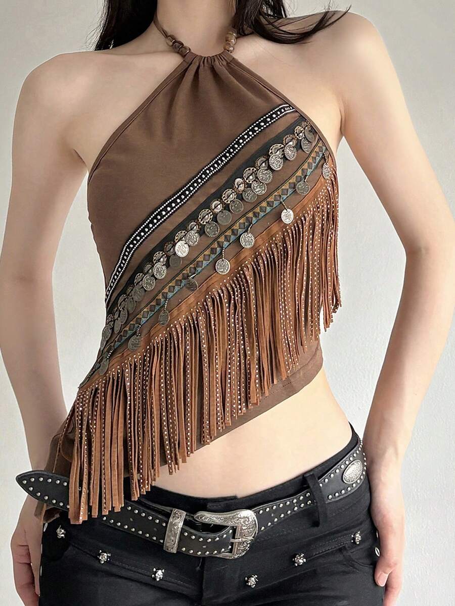 Women's Retro Halter Neck Vest Sleeveless Open Back Irregular Hem Tassel Tank Tops