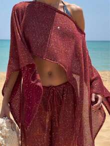 Women Sequin Shiny Glitter Knit Poncho Off Shoulder See-Through Crochet Cape Sheer Shrug Lightweight  Summer Holiday Beachwear Sheer Mesh Swimsuit Bikini Cover Ups Poncho Top Shawl - Đỏ - Xem 3