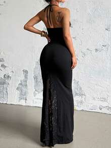 露背蕾丝拼布紧身连衣裙
