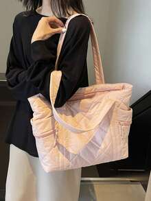 简约纯色新款绗缝手提包，春夏必备。轻便实用，容量大，配有多个口袋、肩带、拉链封口、双肩带和一个美观的腋下口袋，适合通勤、上学、购物和收纳。 - 粉色 - 查看 6