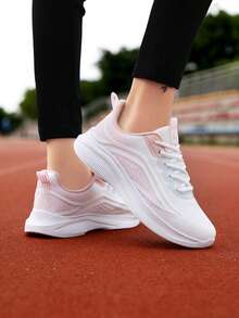 1 Pair Women's Soft Bottom Casual Running Shoes, White Mesh Lace-Up Low-Top Outdoor Shock-Absorbing Sports Shoes, Spring/Autumn 2025 New Solid Color Road Running Sneakers