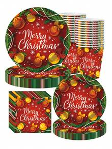 10 قطعة من أطباق وفوط ورقية مجموعة لحفلة عيد الميلاد بألوان أحمر وأخضر، أجراس، شجرة عيد الميلاد، مناسبة لحفلة عائلية بموضوع عيد الميلاد