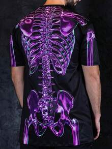“男士哥特式街头 T 恤，带 3D 紫色骷髅印花，万圣节图案短袖 T 恤” - 彩色 - 查看 2