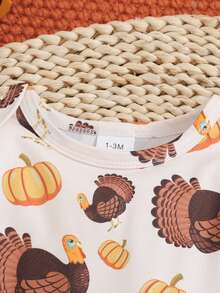 女婴感恩节火鸡南瓜印花连体衣搭配棕色吊带裙，秋冬季新款套装 - 棕色 - 查看 5