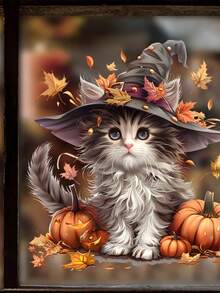 1 Piece Halloween Themed Pumpkin, Cat, Maple Leaf, Bat, Wizard Hat Glass Stickers Wall Stickers Bedroom Living Room Window Decoration