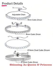 4 pezzi Braccialetto tennis regolabile con zirconia cubica geometrica, design rotondo e quadrato lucido, adatto per uso quotidiano di donne e ragazze - Argento - Visualizzare 5