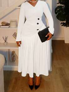 Women's Plus Size Midi Dress Long Sleeve V Neck Button Front Dress Long Flowy Dress - trắng - Xem 7