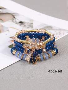 4 件女孩波西米亚多层串珠手链流苏百搭简约手链