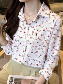 Plus Size Women Floral Print Loose Turndown Collar Button Down Long Sleeve Shirt, Elegant Casual Suitable For Office And Daily Wear, Spring/Autumn - White - View 3