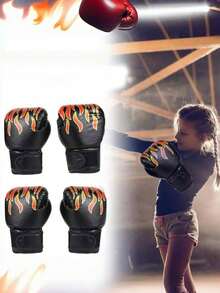 2只装儿童拳击手套，适合3-11岁儿童，火焰图案训练拳击手套，男女通用 - 彩色 - 查看 2