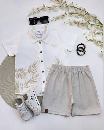 Conjunto Infantil Menino Masculino Camisa Gola Polo Botão Short Bermuda Linho Moletinho Branco Bege Roupa Criança Everton