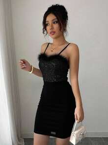 Vestido elegante dama mujer sexy fiesta graduación plumas lentejuela tirantes delgados bajo ajustado posterior cierre zipper noche calor primavera verano cumpleaños boda - Negro - Ver 3