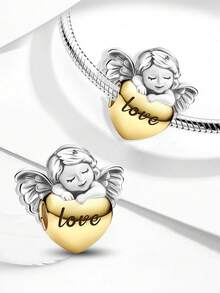1pc Fashionable Shiny Heart Angel Pendant Beads Jewelry, Suitable For Women Bracelet DIY - Gold - View 11