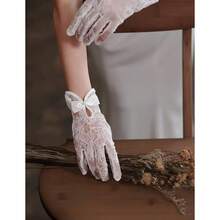 Local Shipping 2025 New  Short Lace Mesh Gloves Tulle Border With Pearls Wedding Opera Tea Party Gloves For Women Formal - Ivory-4 - View 6